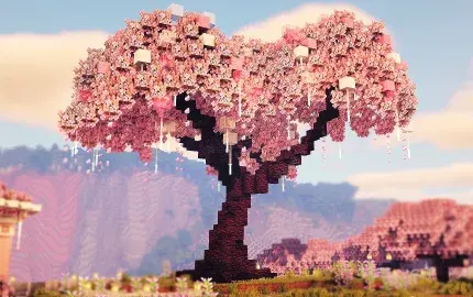Cherry Blossom Tree with Dirt, Grass Block, Cherry Leaves, Lilac, Short Grass, Stone, Andesite, and Andesite Wall, visible proportions, and a 61 x 32 x 84 schematic footprint.