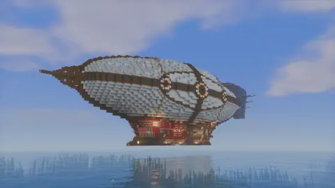 Large Crimson Engine airship with a white envelope, long spruce hull, dark mechanical underside, crimson trim, steam-engine machinery, and open sky backdrop.