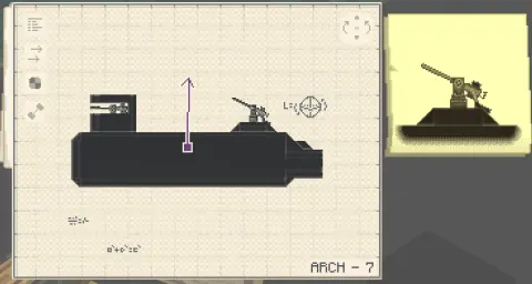 Reactive D-class battleship designated "Arch-7" with Black Rebar Concrete, Copycat Slope, Levitite, Fluid Tank, Barrel, Copycat Vertical Slope, Redstone Link, and Fluid Pipe, visible proportions, and a 9 x 12 x 28 schematic footprint.