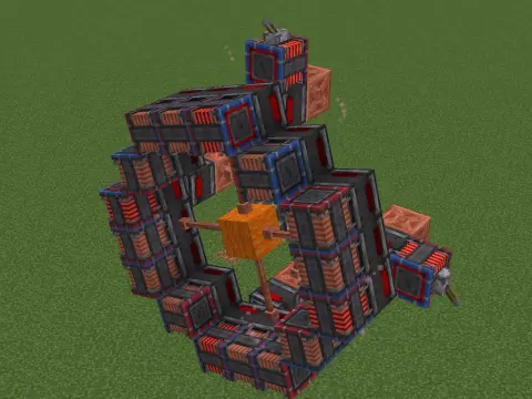 Electric Motor with Redstone Magnet, Redstone Contact, Lightning Rod, Waxed Chiseled Copper, Lever, Orange Wool, and Swivel Bearing, visible proportions, and a 5 x 11 x 11 schematic footprint.