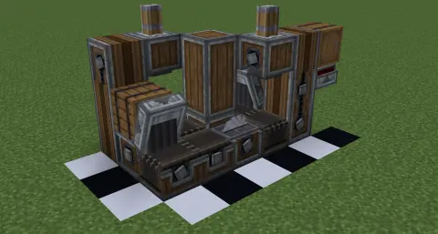 Engine Assembly Factory with Belt, Encased Chain Drive, Gearbox, Barrel, Mechanical Saw, Andesite Casing, Mechanical Press, and Brass Belt Funnel, visible proportions, and a 3 x 3 x 6 schematic footprint.