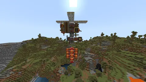 Guided Drone Dropping A Bomb with White Symmetric Sail, He Shell, Redstone Link, Tnt, Red Portable Engine, Gearbox, Spruce Planks, and Analog Transmission, visible proportions, and a 7 x 11 x 7 schematic footprint.