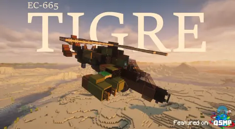 Helicopter Tigre (Tiger) EC-665 Full-scale (1:1) with Copycat Layer, Black Symmetric Sail, Copycat Trapdoor, Copycat Board, Coal Block, Copycat Stairs, Redstone Link, and Andesite Encased Cogwheel, visible proportions, and a 22 x 6 x 13 schematic footprint.