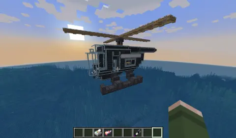 Helicopter with Vector Thrusters and Keyboard Controller with Copycat Block, Copycat Stairs, White Sail, Copycat Board, Framed Glass, Cable Relay, Copycat Slab, and White Nameplate, visible proportions, and a 15 x 8 x 18 schematic footprint.
