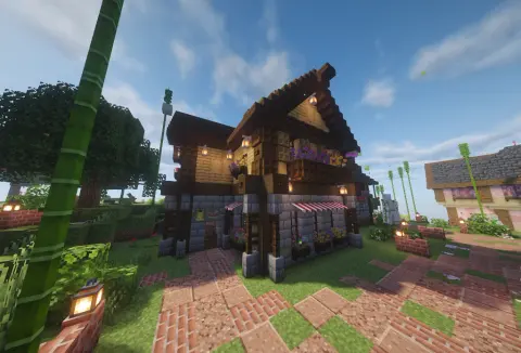 House with Stripped Dark Oak Log, Dark Oak Stairs, Oak Planks, Stone Bricks, Dark Oak Wood, Moss Block, Dark Oak Trapdoor, and Dark Oak Four Window, visible proportions, and a 16 x 15 x 17 schematic footprint.