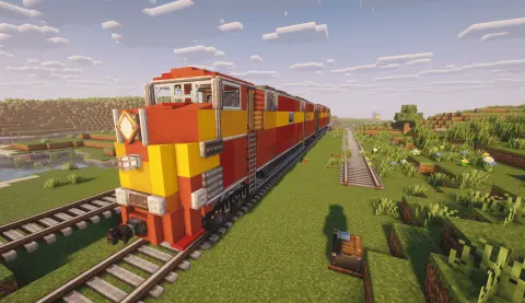 Large Two Railroad-Car Train (Locomotive Only, No Passenger Carriages) with Copycat Layer, Copycat Slice, Slashed Locometal, Copycat Block, Copycat Slope Layer, Red Terracotta, Copycat Half Layer, and Track, visible proportions, and a 60 x 8 x 7 schematic footprint.
