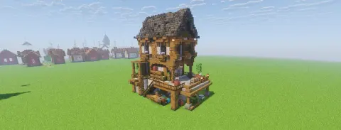 Medieval House Version 2 with Diorite, Stripped Spruce Log, Polished Diorite, Spruce Stairs, Polished Deepslate, Black Framed Glass Pane, Deepslate Brick Stairs, and Stone Slab, visible proportions, and a 14 x 20 x 21 schematic footprint.