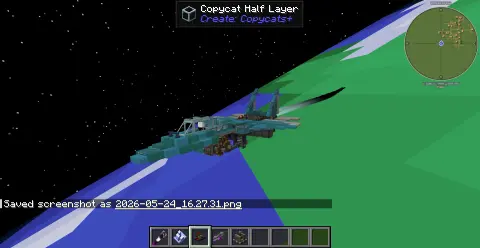 Minoplane with White Symmetric Sail, Copycat Wing, Copycat Layer, Light Blue Symmetric Sail, Copycat Stacked Half Layer, Framed Half Slope, Industrial Iron Block, and Andesite Encased Shaft, visible proportions, and a 13 x 8 x 22 schematic footprint.