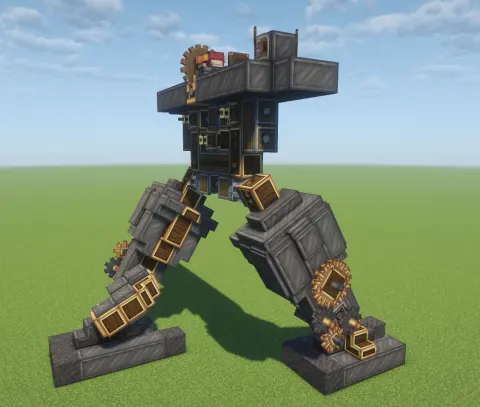 Moonwalker with Dark Metal Plating, Gearbox, Modulating Linked Receiver, Brass Encased Cogwheel, Sequenced Gearshift, Encased Chain Drive, Redstone Link, and Shaft, visible proportions, and a 18 x 14 x 13 schematic footprint.