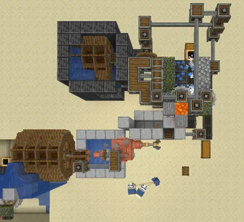 Nocompat Ironfarm with Polished Deepslate, Smooth Stone, Water, Water Wheel Structure, Gearbox, Shaft, Belt, and Large Water Wheel, visible proportions, and a 16 x 11 x 18 schematic footprint.