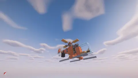 Orange Scout Helicopter with Stripped Acacia Wood, Shaft, Copycat Panel, Orange Symmetric Sail, Redstone Link, Yellow Symmetric Sail, Acacia Planks, and Framed Glass Trapdoor, visible proportions, and a 9 x 7 x 11 schematic footprint.