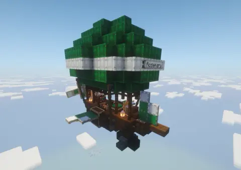 Rosemary - Small Fast Airship with Green Envelope, Dark Oak Fence, Dark Oak Stairs, Coal Block, White Envelope, Dark Oak Slab, Green Sail, and White Sail, visible proportions, and a 15 x 14 x 11 schematic footprint.
