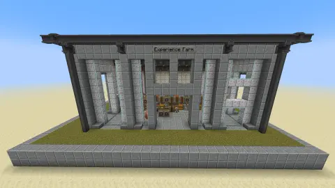 Silverfish Experience Farm with Polished Andesite, Stone, Industrial Iron Block, Polished Diorite, Grass Block, Framed Glass, Polished Andesite Slab, and Fluid Tank, visible proportions, and a 33 x 14 x 19 schematic footprint.