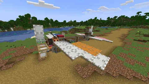 Simple plane by Polartt with White Sail, Pink Symmetric Sail, Encased Chain Drive, Orange Symmetric Sail, Blue Symmetric Sail, White Symmetric Sail, Andesite Encased Shaft, and Redstone Link, visible proportions, and a 16 x 6 x 15 schematic footprint.