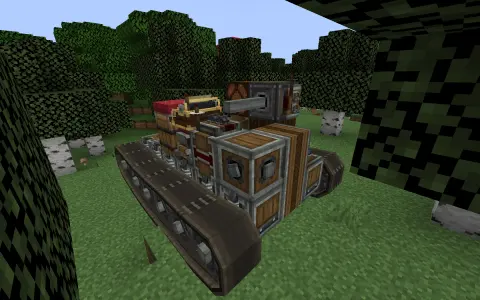 Small tank with Track Mount, Redstone Link, Red Portable Engine, Inverted Clutch, Encased Chain Drive, Spruce Log, Gearbox, and Barrel, visible proportions, and a 5 x 5 x 9 schematic footprint.