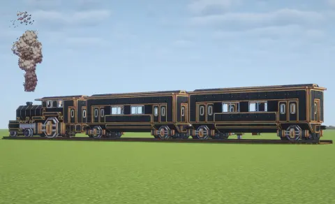 Steampunk Train with Copycat Panel, Railway Casing, Copycat Slope Layer, Copycat Half Panel, Copycat Byte, Copycat Slab, Train Door, and Track Spruce Wide, visible proportions, and a 5 x 6 x 45 schematic footprint.