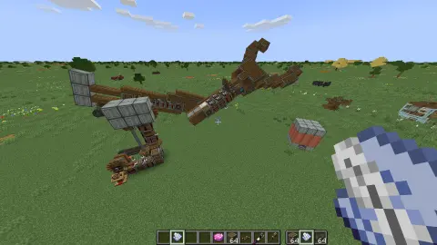 Survival Friendly Mechanical Arm with Andesite Casing, Spruce Slab, Redstone Link, Andesite Alloy Block, Encased Chain Drive, Gearbox, Cogwheel, and Spruce Vertical Slab, visible proportions, and a 5 x 13 x 27 schematic footprint.