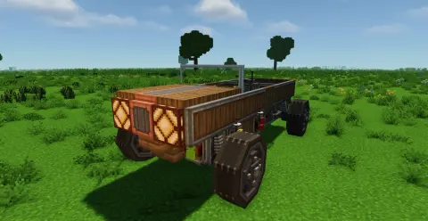 Survival Pickup-cabriolet "Benjamin" with Copycat Panel, Andesite Casing, Spruce Trapdoor, Encased Chain Drive, Redstone Link, Magenta Nameplate, Gearbox, and Spruce Planks, visible proportions, and a 5 x 3 x 12 schematic footprint.