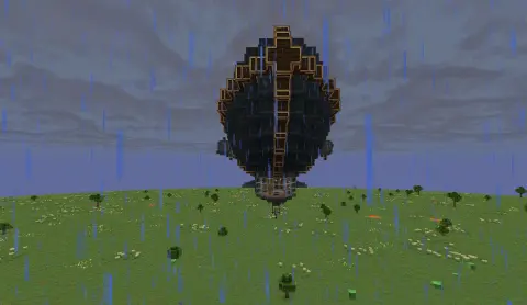 The Black Tempest airship with Gray Envelope, Copycat Slab, Industrial Iron Block, Shaft, Copycat Stairs, Gearbox, Fluid Tank, and Brass Casing, visible proportions, and a 129 x 30 x 37 schematic footprint.