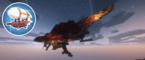 The Scarlet Bastion V10 with Red Envelope, Spruce Trapdoor, Spruce Slab, Stripped Oak Log, Stripped Spruce Log, Spruce Stairs, Shaft, and White Symmetric Sail, visible proportions, and a 104 x 28 x 45 schematic footprint.