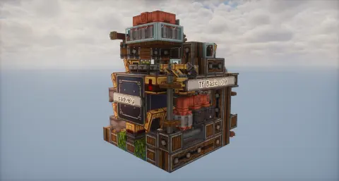 Thorium Farm v3.0 Extra Compact 7x7x9 with Item Vault, Encased Chain Drive, Belt, Depot, Gearbox, Brass Funnel, Framed Glass Trapdoor, and Brass Belt Funnel, visible proportions, and a 7 x 9 x 7 schematic footprint.