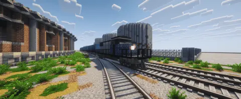 Train EMD SD 40-2 Maersk livery with Copycat Layer, Copycat Slice, Copycat Vertical Slice, Layered Andesite, Track, Cut Stone, Iron Sheetmetal, and Industrial Iron Block, visible proportions, and a 5 x 6 x 19 schematic footprint.