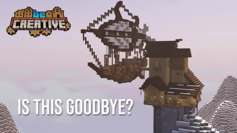 Large tower and docked airship scene with a white balloon, wooden hull, dark roof, snowy terrain, and BeCreative SMP title graphic.