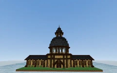 Villager Trading Hall with Grass Block, Stripped Dark Oak Log, Stripped Oak Log, Oak Planks, Stone Bricks, Deepslate Tile Slab, Dark Oak Slab, and Deepslate Tiles, visible proportions, and a 47 x 35 x 27 schematic footprint.