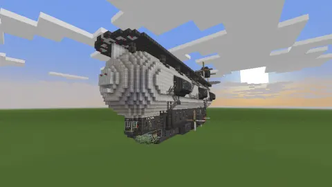 Large functional airship with a white envelope, industrial iron hull, spruce deck, catwalks, machinery, propeller systems, and sunset sky backdrop.