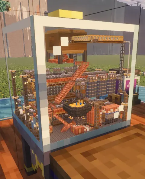 WorkShop in a jar with Copper Catwalk, Dim Boundary, Cut Deepslate Bricks, Belt, Andesite Catwalk, Chute, Vertical Item Vault, and Andesite Encased Shaft, visible proportions, and a 32 x 32 x 32 schematic footprint.