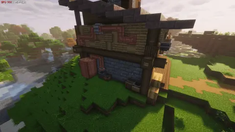 WORKSHOP-with all you need with Stripped Spruce Log, Polished Cut Dripstone Slab, Cut Dripstone Slab, Item Vault, Oak Planks, Fluid Tank, Stone, and Spruce Stairs, visible proportions, and a 21 x 15 x 16 schematic footprint.