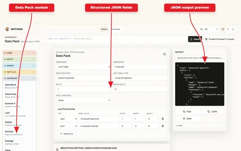 NBTForge Data Pack builder with arrows pointing to loot table controls, JSON output, and diff