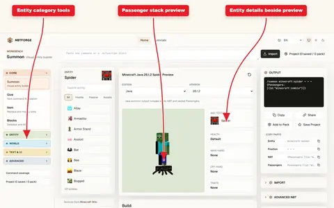 NBTForge Summon preview with arrows pointing to stacked passengers and passenger controls