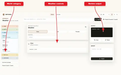 NBTForge Weather builder with arrows pointing to World category, weather controls, and output